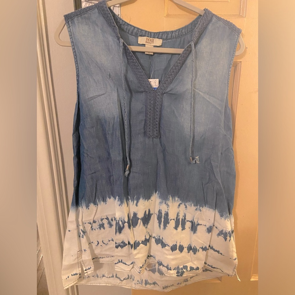 Denim tank with white tie dye ombré at the bottom